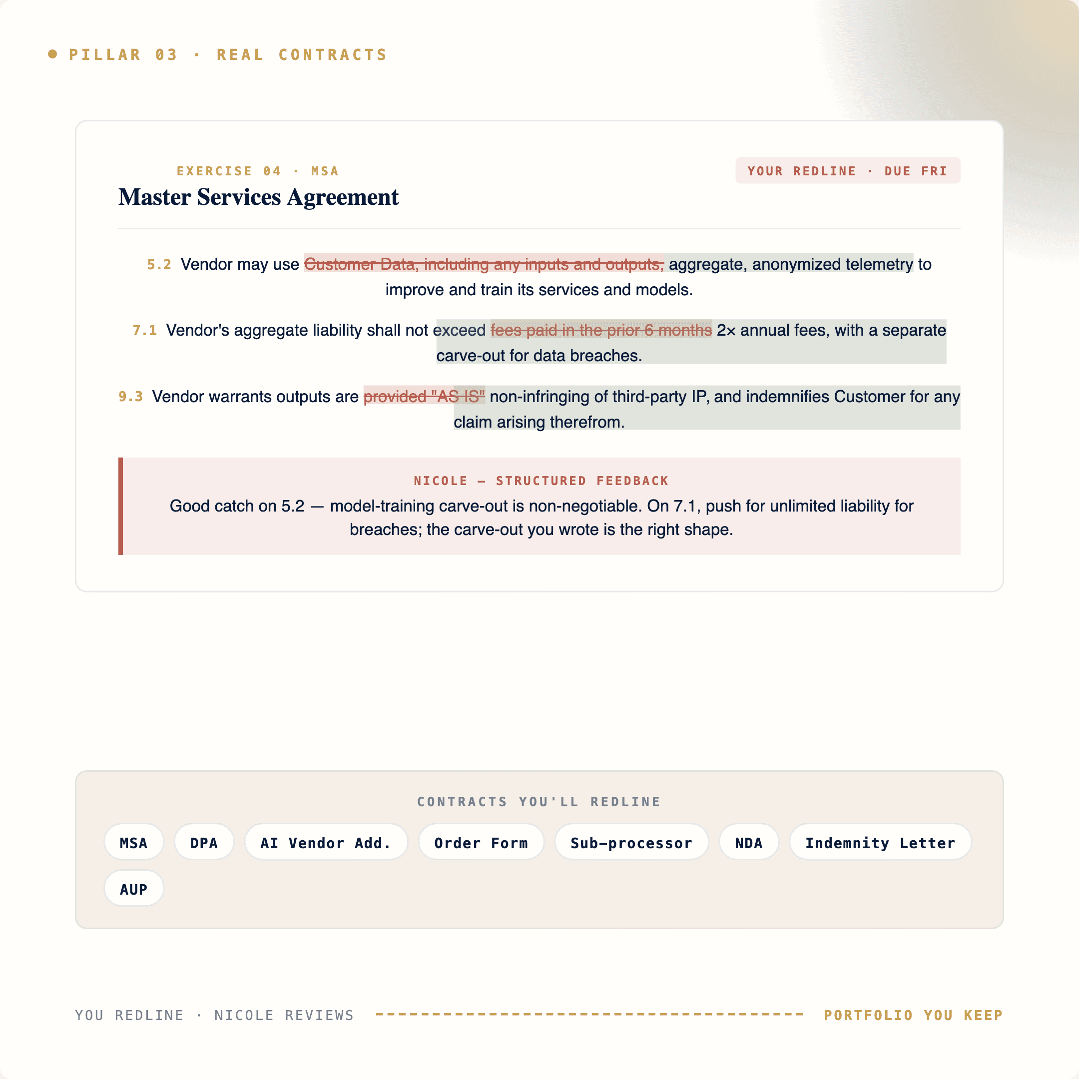 Real-contract redline exercise: MSA with structured feedback from Nicole and a contracts portfolio (DPA, AI Vendor Addendum, Order Form, Sub-processor, NDA, Indemnity Letter, AUP)