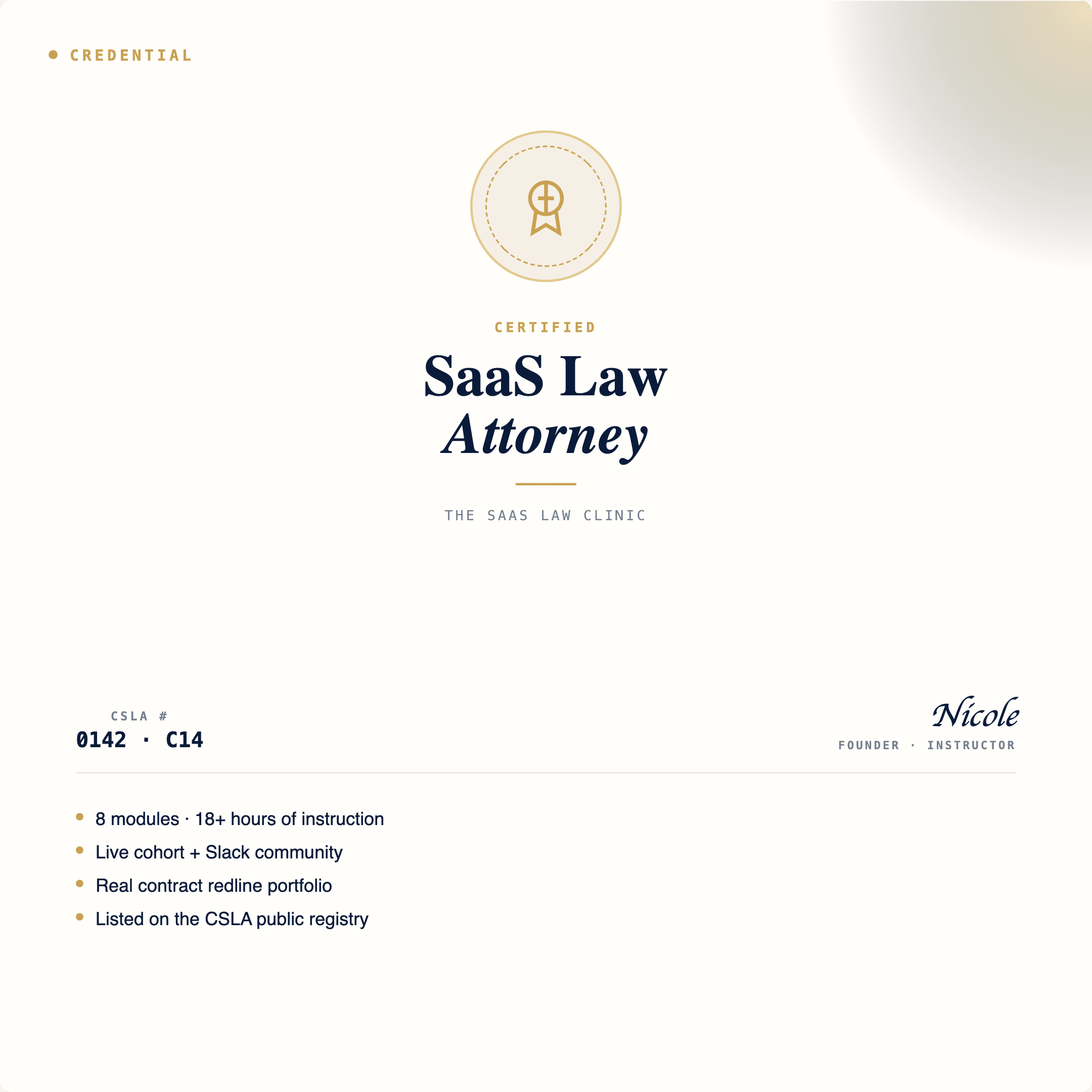 Certified SaaS Law Attorney credential: CSLA #0142 · C14