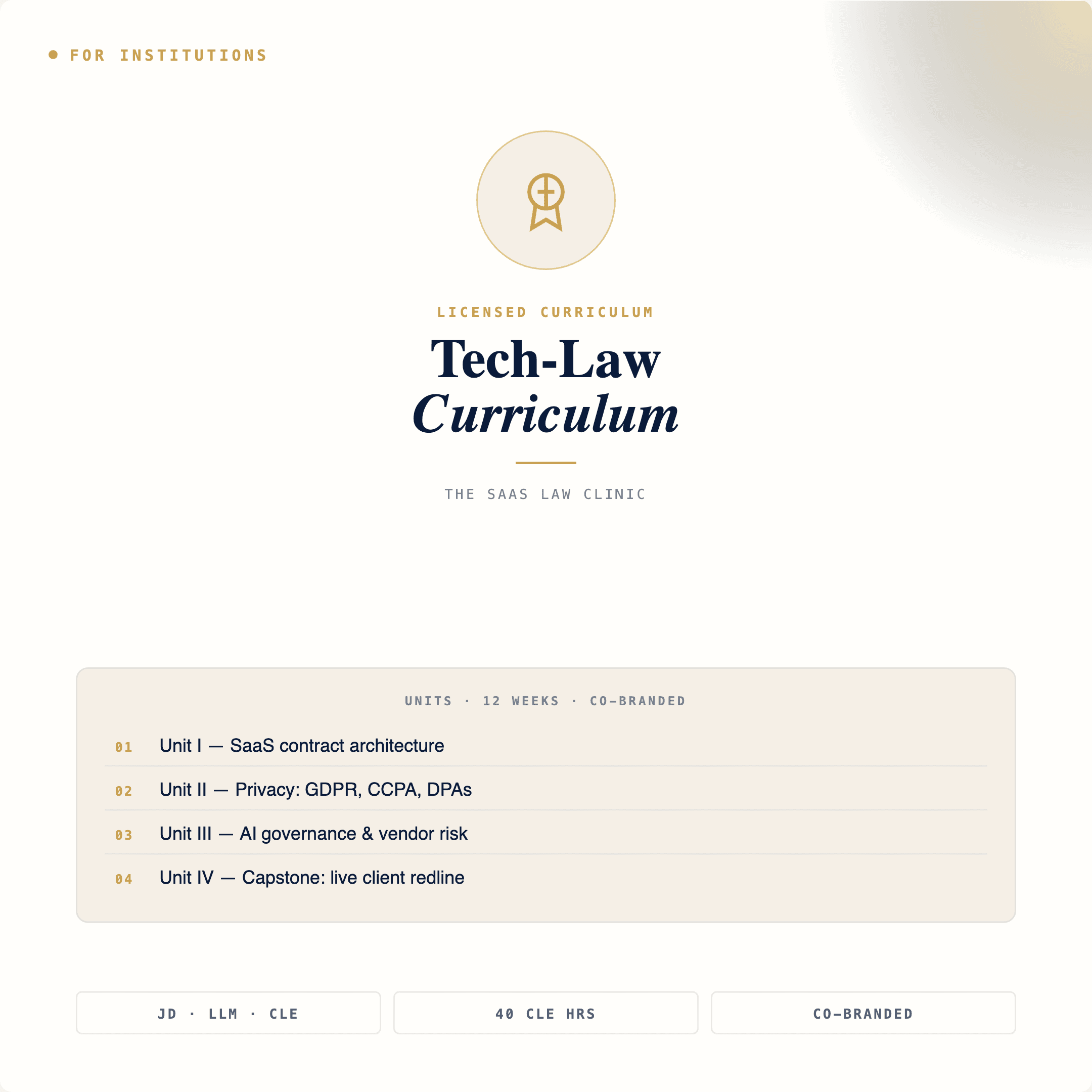 Tech-Law Curriculum: licensed for institutions · JD · LLM · CLE